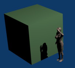MakeHuman character imported into Blender and standing next to box